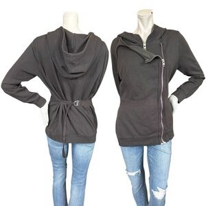 All Saints Miller Mossy Brown Moto Cinch Back Biker Double Zip Hoodie Size US 8